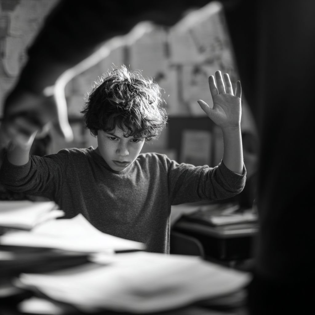 Enfant à l'école, mains levées