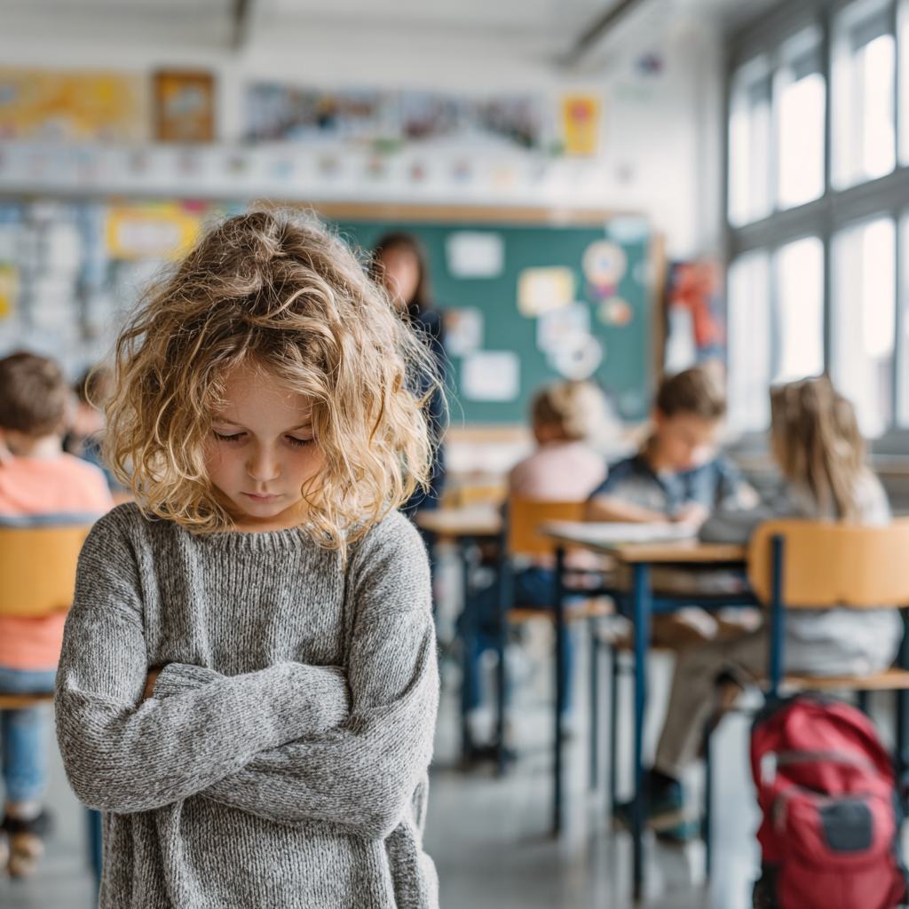 Enfant puni et isolée dans une classe d'école