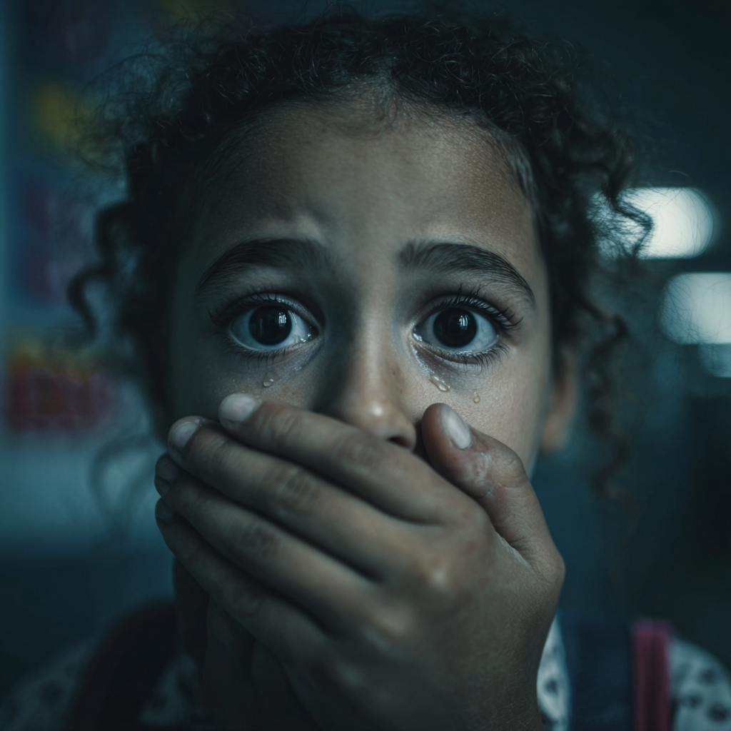 Enfant à l'école dans un silence imposé par une main d'adulte